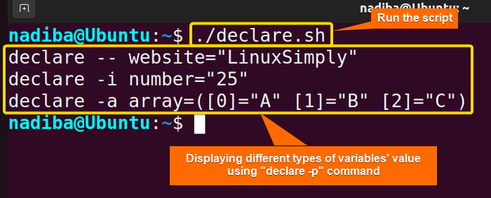 Displaying different types of variables' value using "declare -p" command