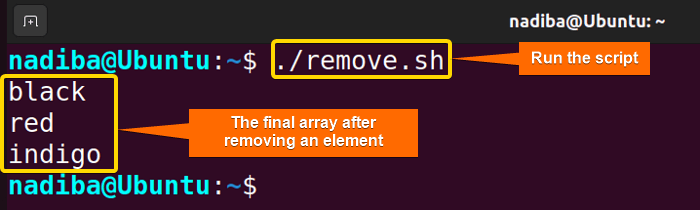 The output of removing an element from the array in bash