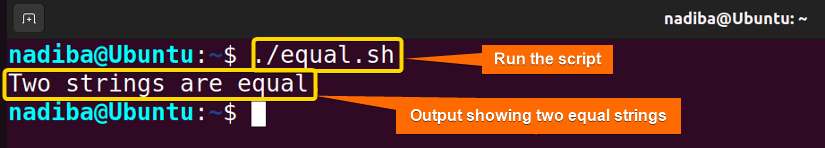 Output showing two strings are equal