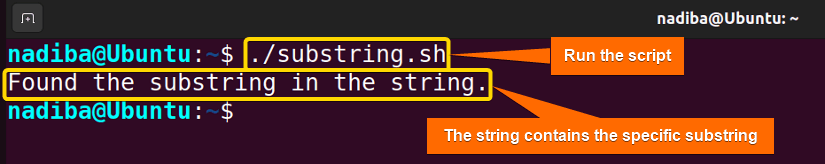 Output showing that the string variable contains the specific substring in bash