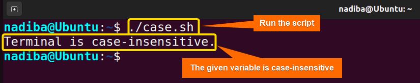 Output showing that the given string variable is case-insensitive in bash