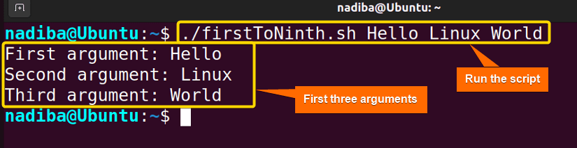 Output showing first three arguments using special variables in bash