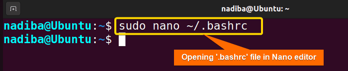 Opening '.bashrc' file in Nano text editor