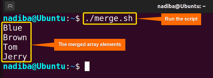 Showing the merged array elements as output in bash
