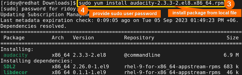 install an app package from local file using yum install command