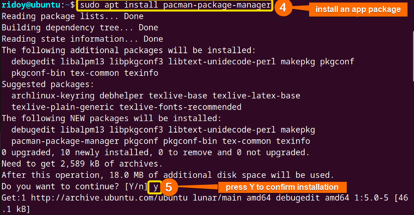 install official pacman package manager using apt command in ubuntu