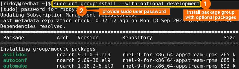 install package group with optional packages using dnf groupinstall command with group id