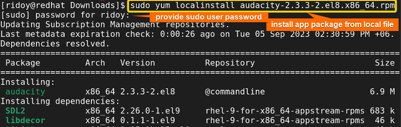 install an app package from local file using yum localinstall command