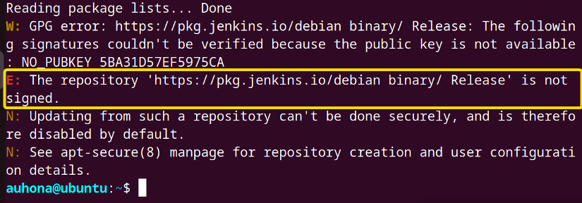 Shows GPG error while running 'sudo apt update' command.