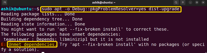 running apt debug command to see unmet dependencies