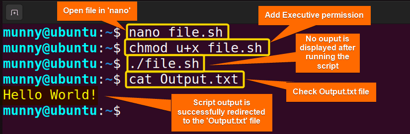 Bash output redirection to a file