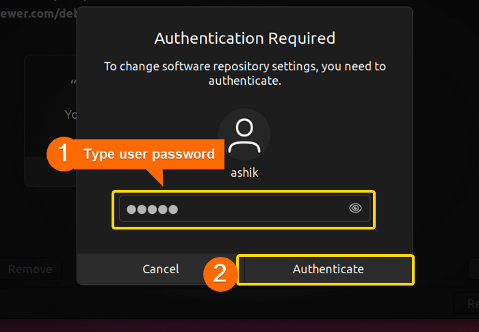 Entering user password to authenticate software updater