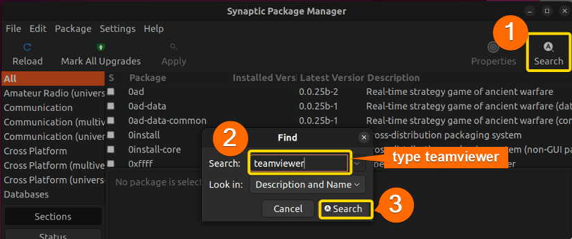 searching for teamviewer in synaptic package manager