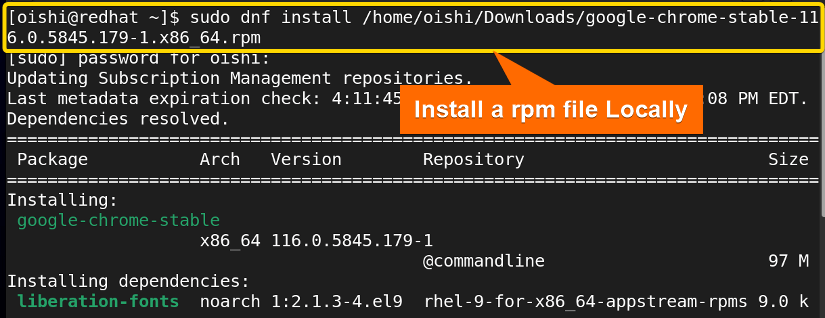 A rpm file package is installed with dnf