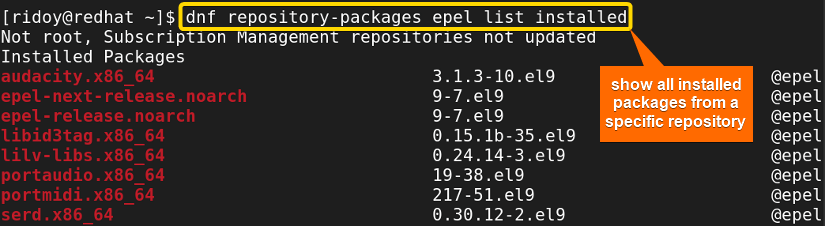 show all installed packages from a specific repository using dnf repository-packages command