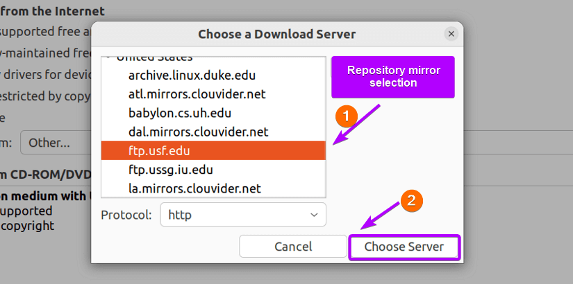 clicking choose server to add new repository mirror