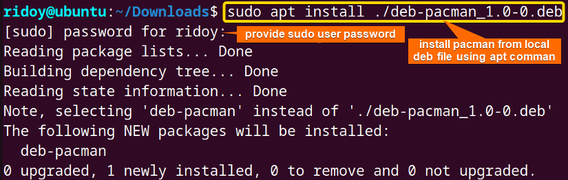 install unofficial pacman package from downloaded debian file using apt command 
