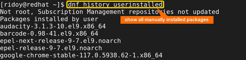 show all manually installed app packages using dnf history command