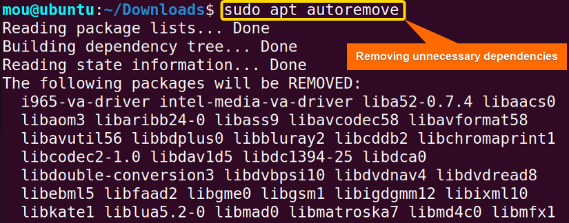 automatically removing unnecessary dependencies with sudo apt autoremove