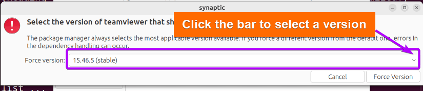 Select bar to click the version with synaptic