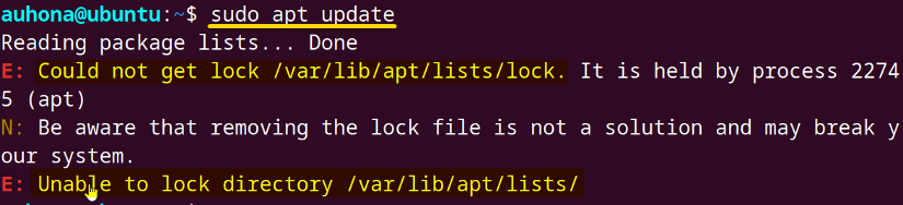 Shows errors mentioning that sudo apt update could not get lock directory.
