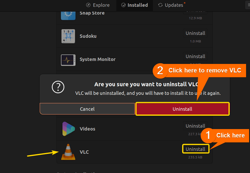 Clicking on uninstall button of VLC