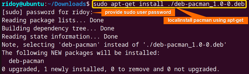 install unofficial pacman package from downloaded debian file using apt-get command 