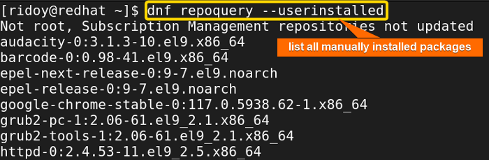 show all manually installed app packages using dnf repoquery command