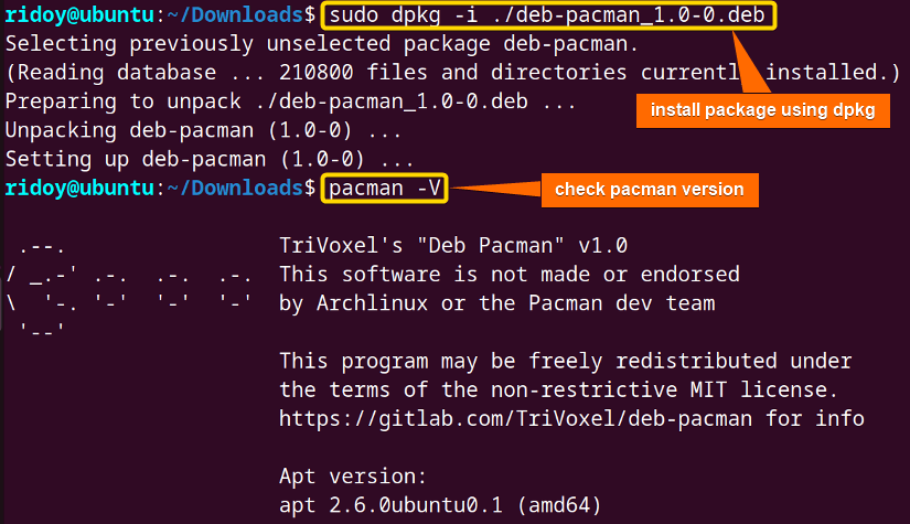 localinstall unofficial pacman package using downloaded debian file using dpkg command and check its version