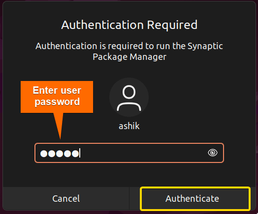 Entering user password to authenticate synaptic package manager