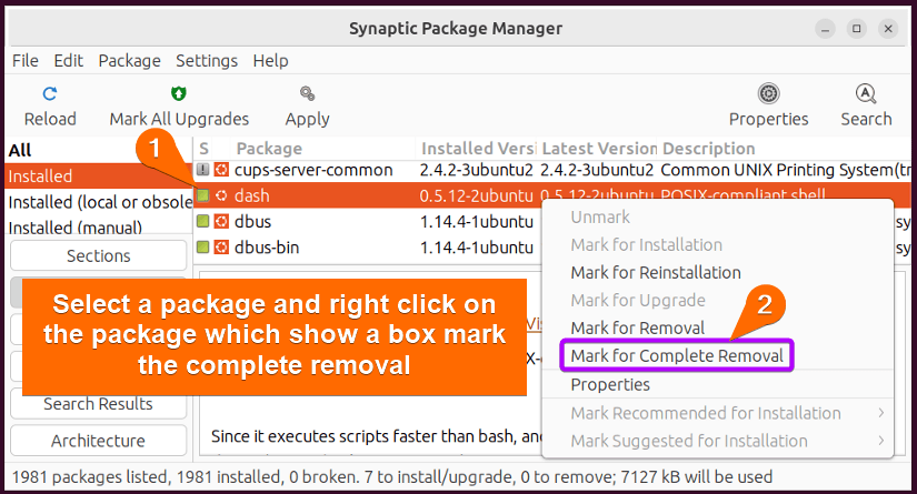 Remove full package with synaptic package manager