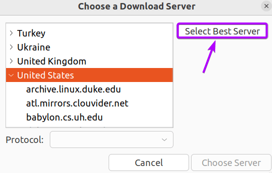 clicking select best server option to find best ubuntu repository mirror