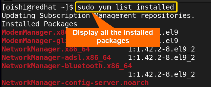 Showing the list of all installed packages with yum package manager