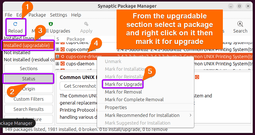 Upgrade a specific package with synaptic