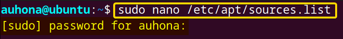 Opens the sources.list file with nano command.
