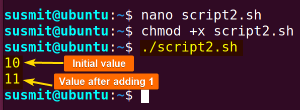 Firstly, the Bash script printed the initial value of the i variable 10, then added 1 to that variable using +1 operator and printed 11 on the terminal.