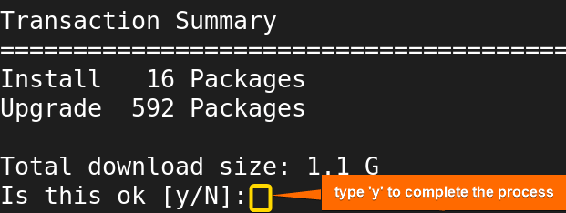 transaction summery of the yum update