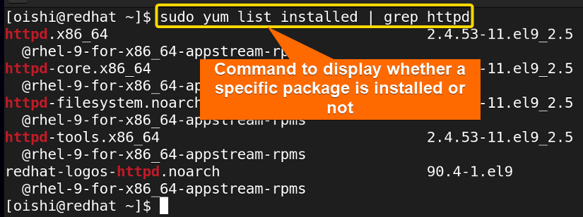 Showing a specific package with yum package manager