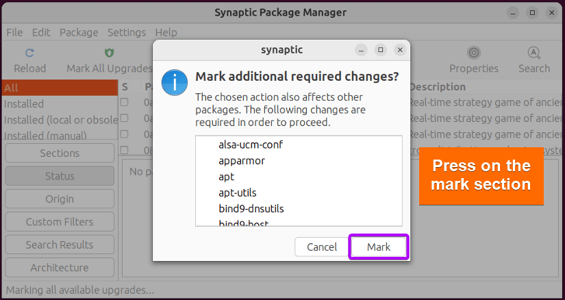 Press on the mark for upgrading all packages with synaptic