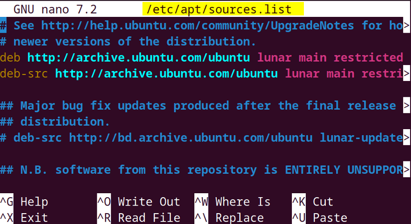 Shows the file content of sources.list.