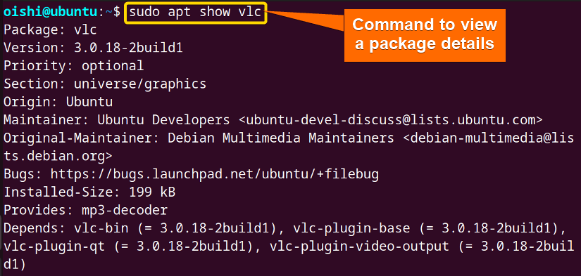 Showing the package details with apt