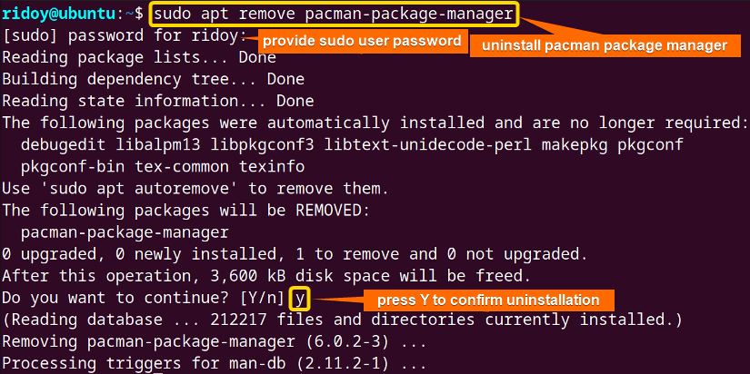 remove official pacman package manager from your Ubuntu system
