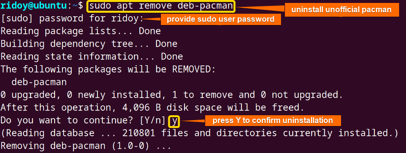 remone unofficial pacman using apt command