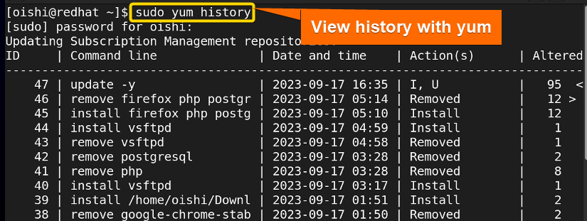 View the history with yum package manager