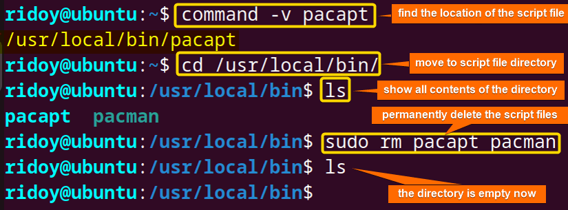 remove pacapt script from your Ubuntu system