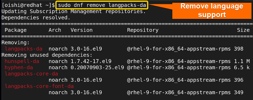Remove language support with dnf