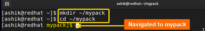 created and navigated to mypack directory