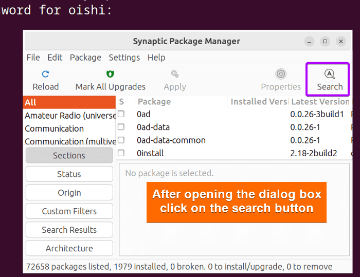 Showing the search dialog box with synaptic