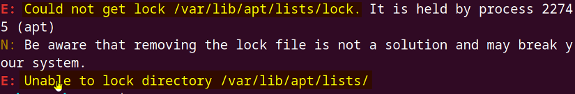 Shows could not get lock error while running apt-get update command.