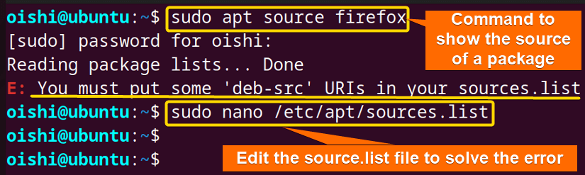 Showing source code of firefox with apt